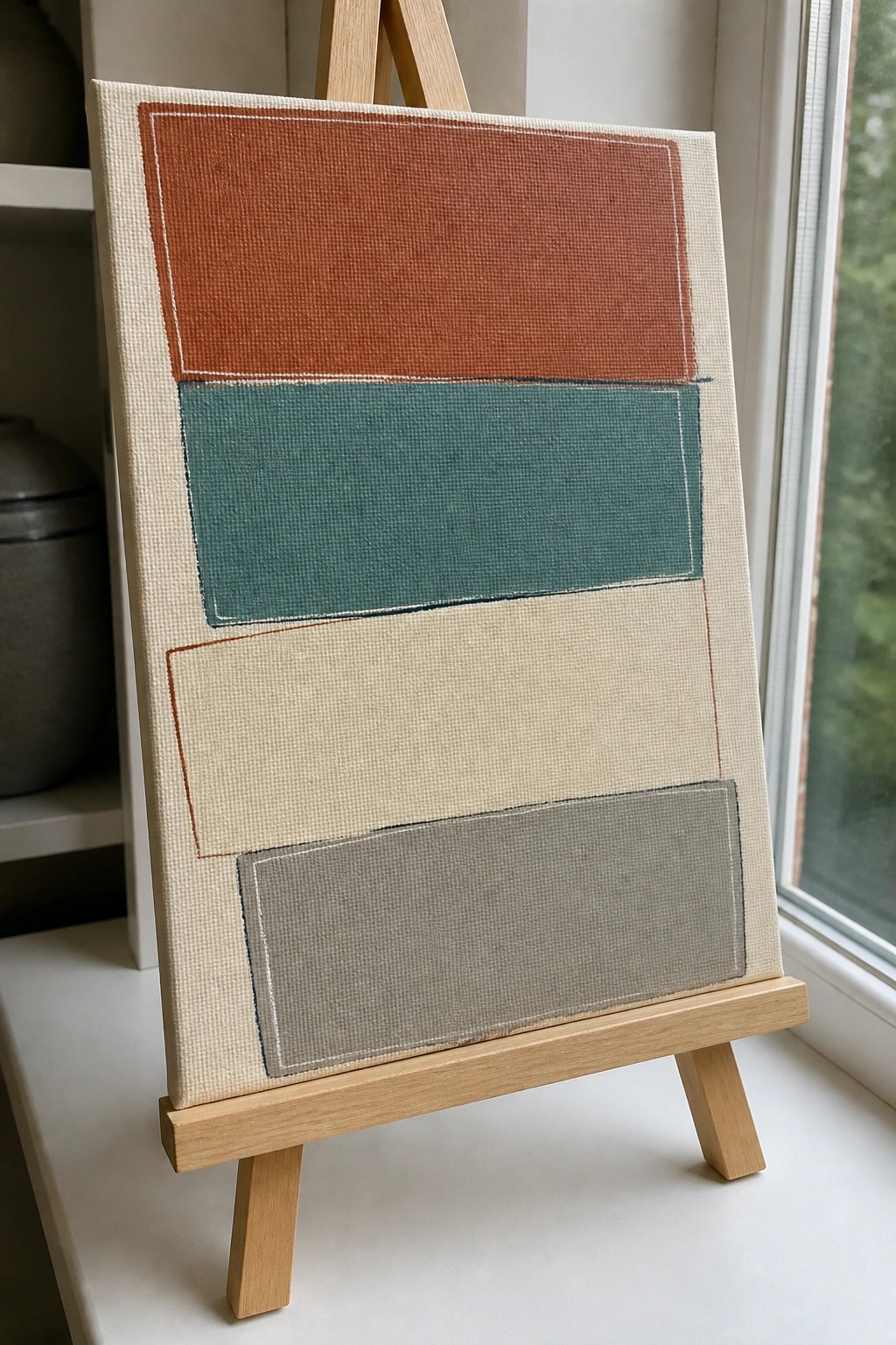 Abstract canvas with rust, teal, beige, and gray rectangles on wooden easel by window