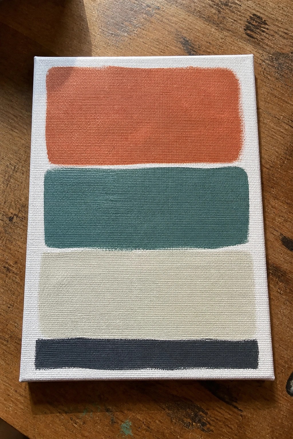 Abstract canvas with orange, teal, beige, and dark gray horizontal color blocks