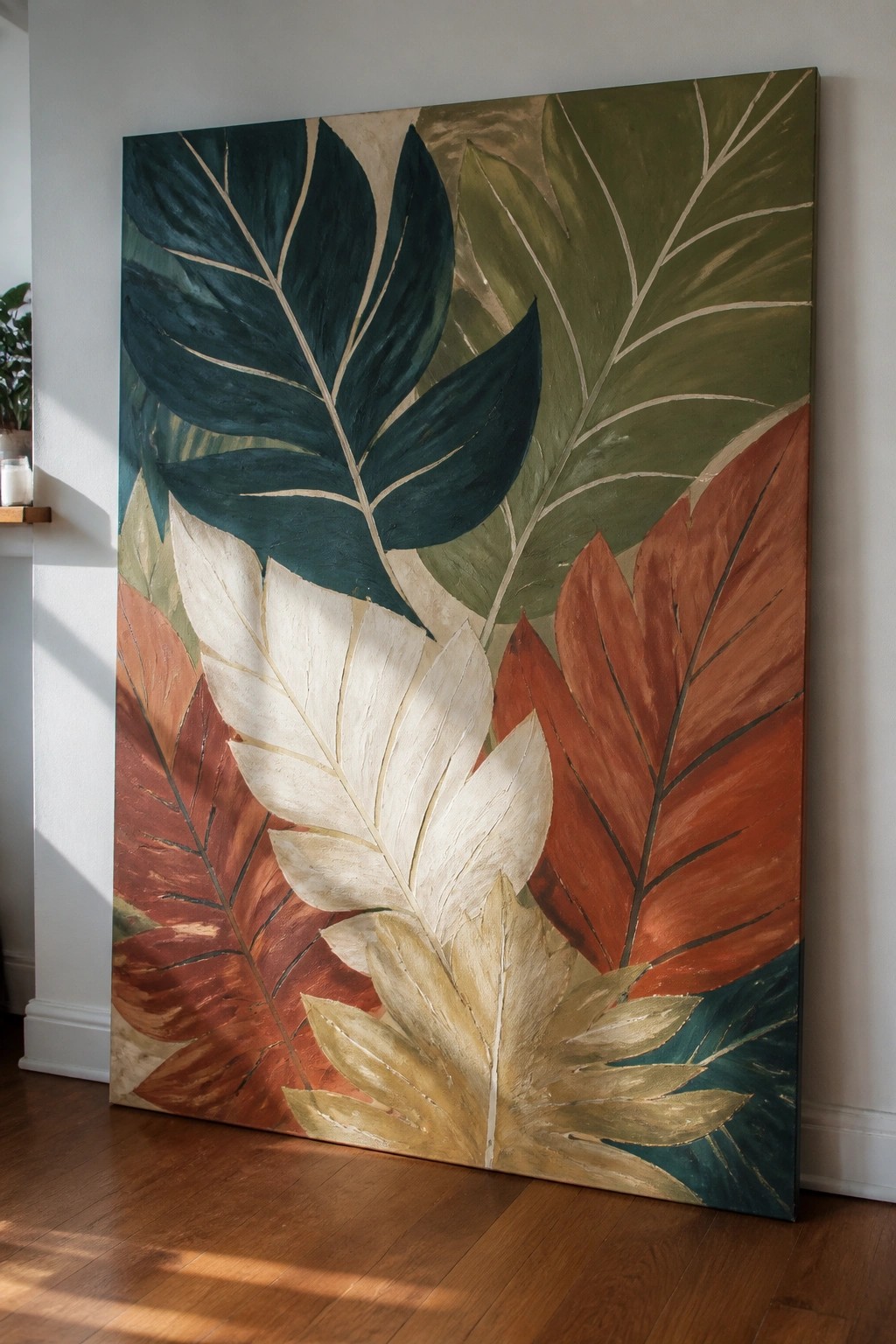 Large abstract painting of colorful tropical leaves leaning against white wall on wood floor