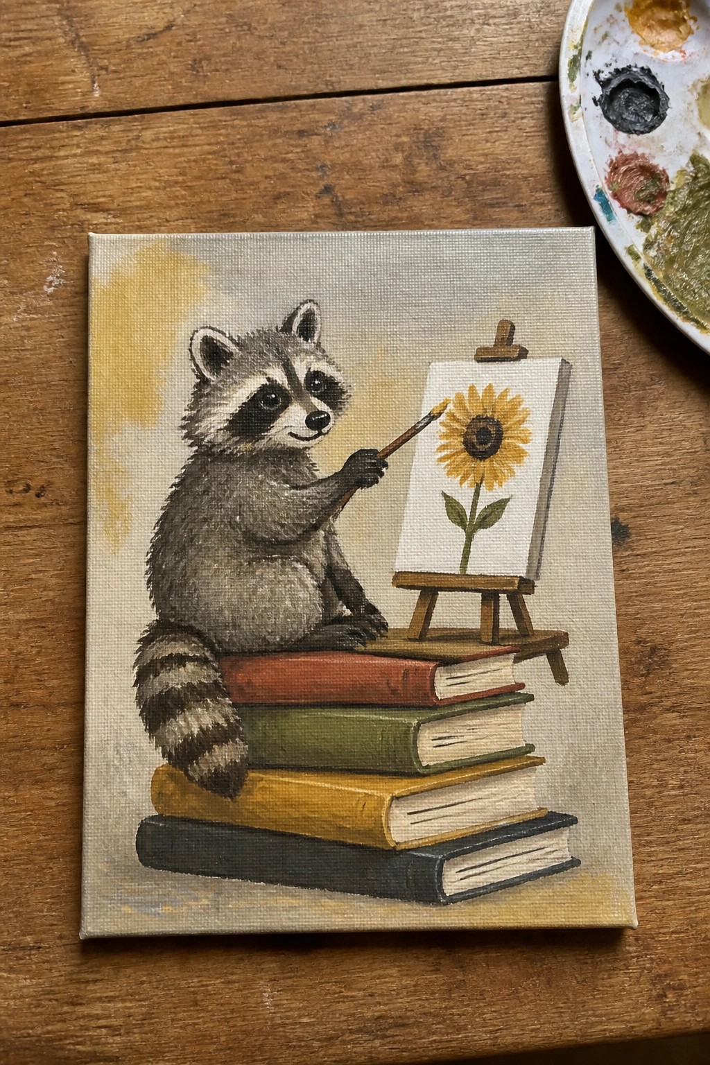 Raccoon on stacked books paints sunflower on small wooden easel