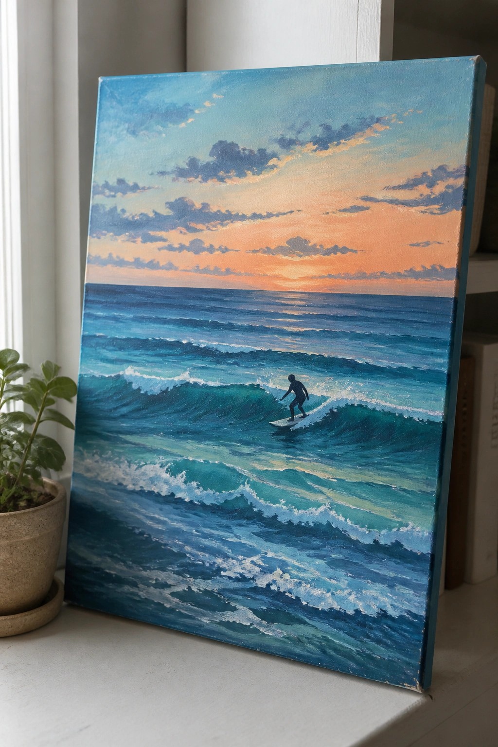 An acrylic painting of a surfer on a wave in the ocean beneath a sunset sky, displayed on a windowsill beside a potted plant.