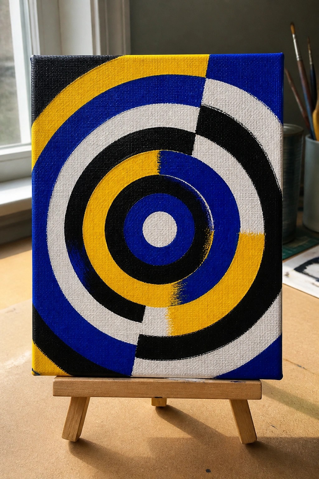 An acrylic painting featuring overlapping concentric circles in blue yellow black and white placed on a small wooden stand.