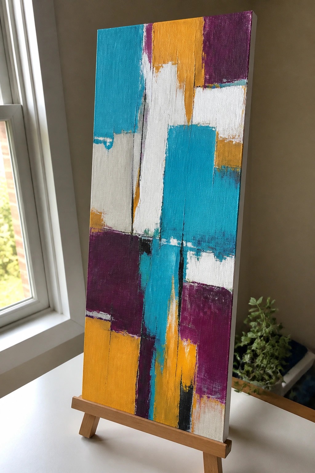 Abstract painting with teal, white, orange, purple strokes on wooden easel by window