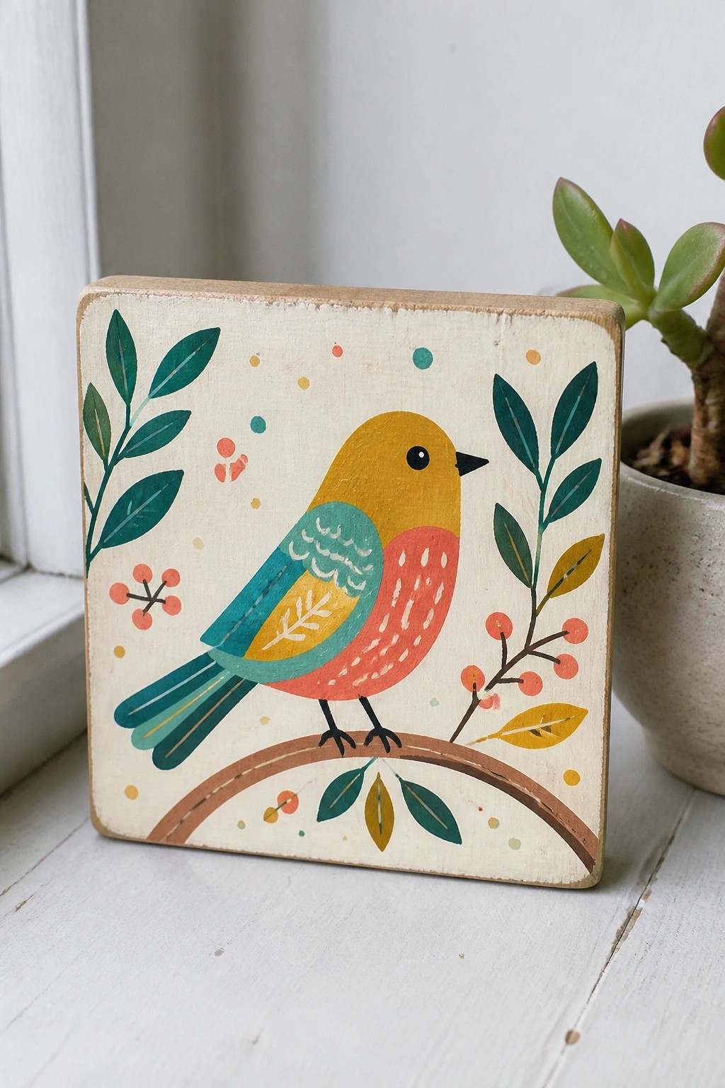 A small square wooden panel with a painted bird in yellow, red, and teal perched on a branch with leaves and berries.