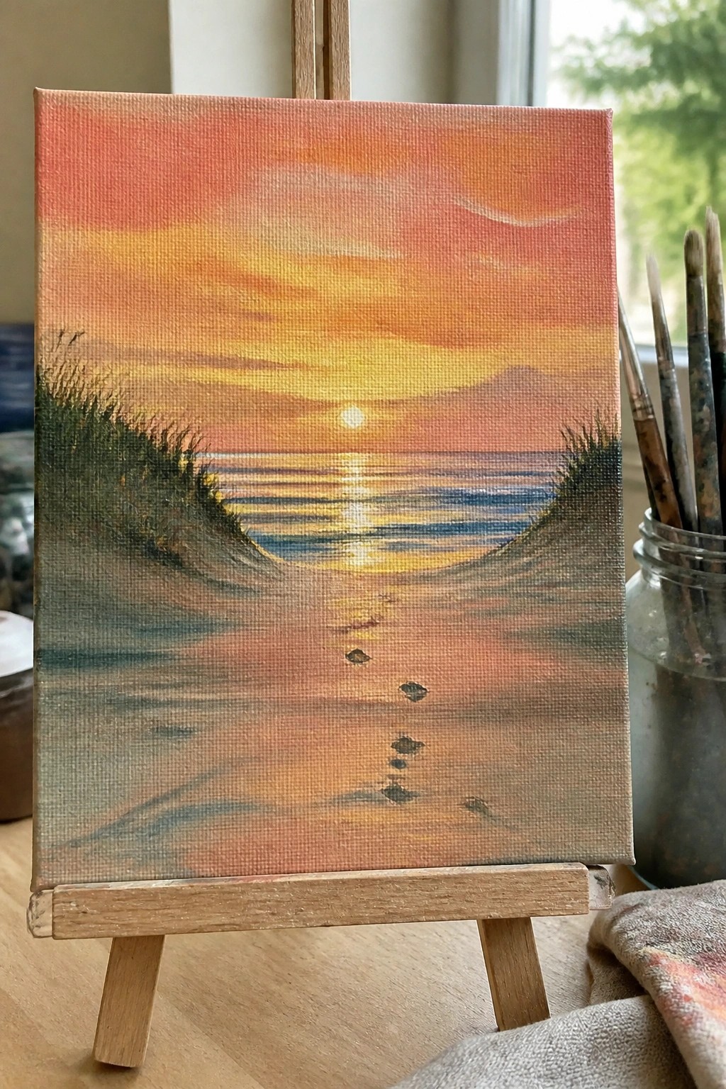 Small canvas sunset painting with ocean path and footprints on wooden easel