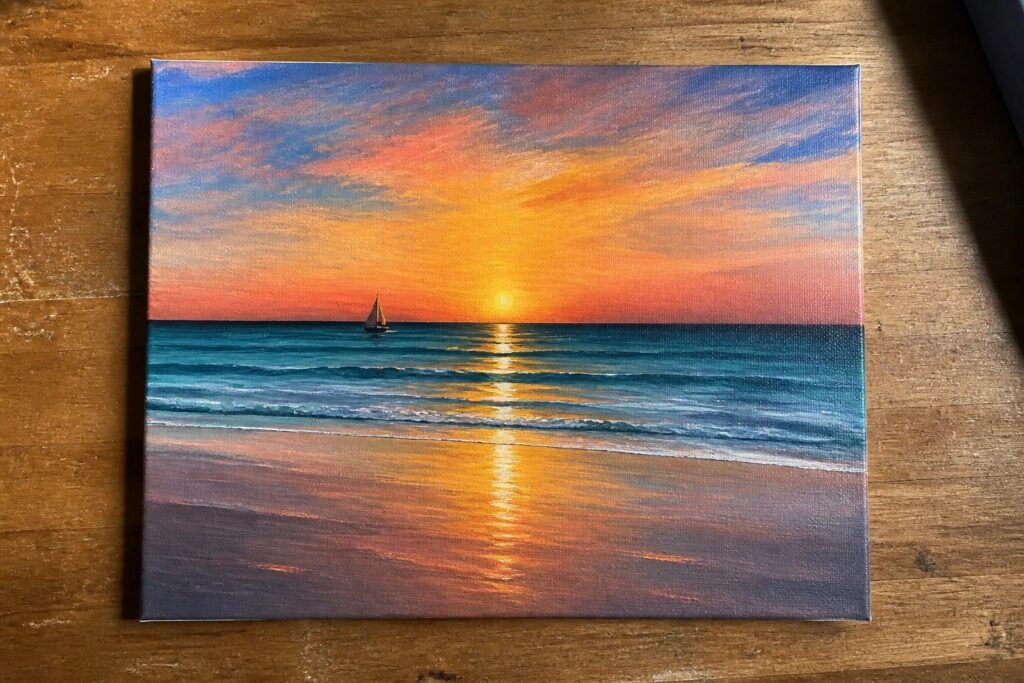 Vibrant sunset painting on canvas with sailboat and golden reflections over ocean waves