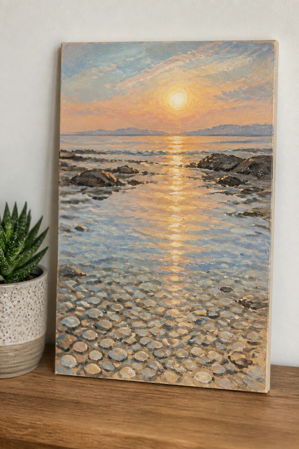 Sunset seascape painting with sun reflection over pebbled shore beside potted plant.
