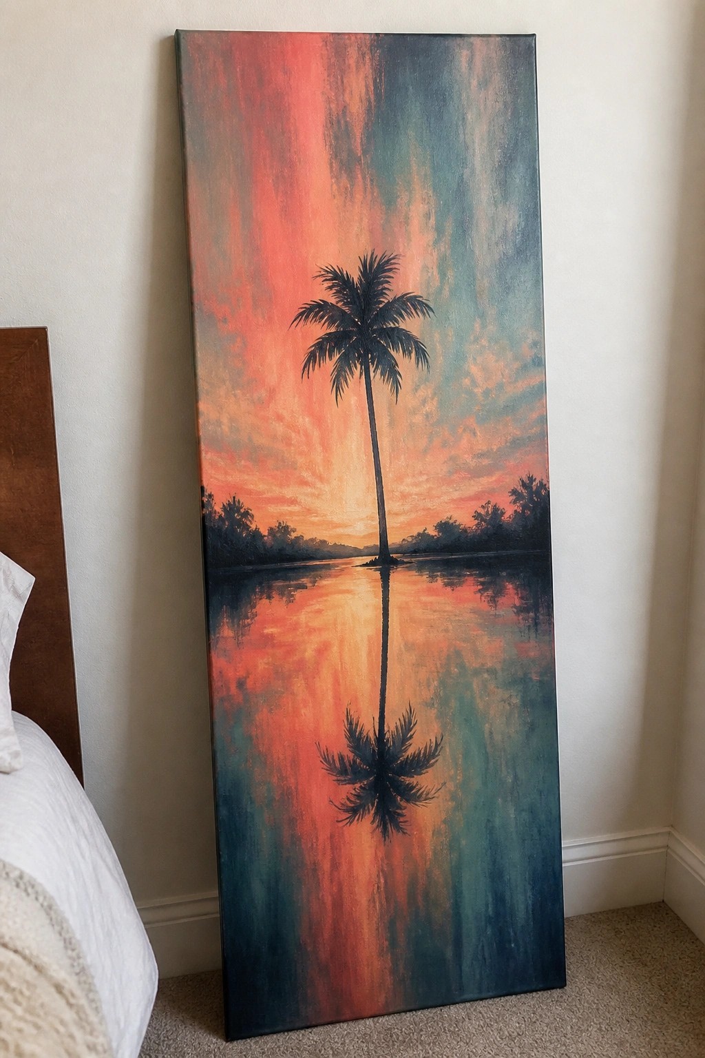 Tall vertical painting of palm tree reflecting in vibrant orange-blue sunset over water.