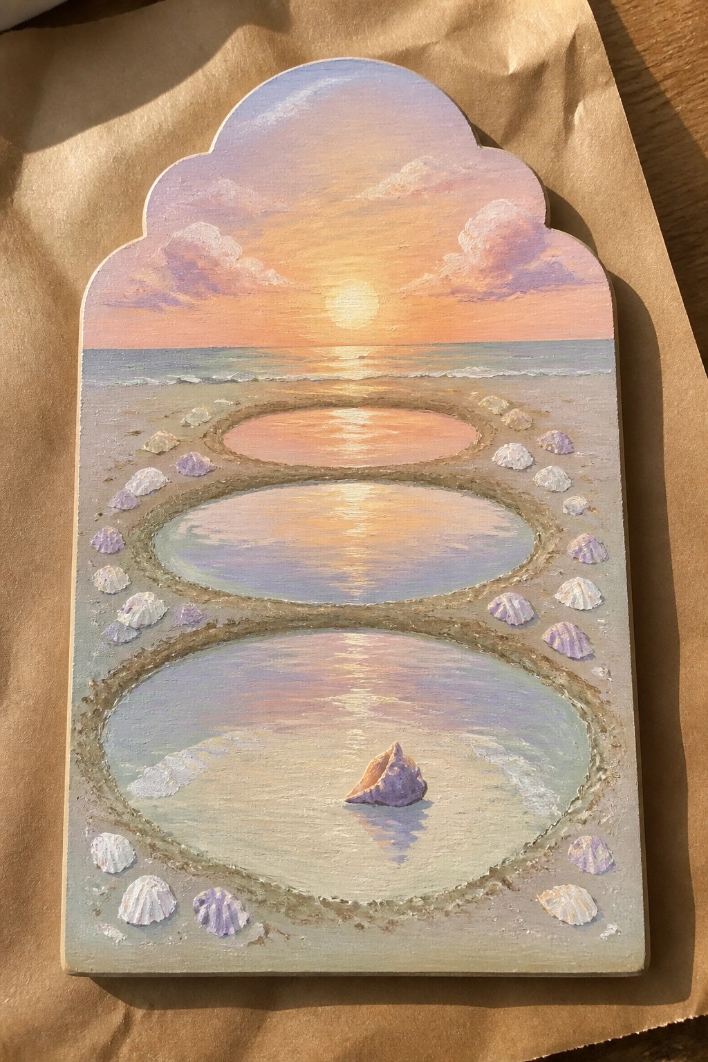 Sunset beach painting on scalloped wood with three shell-bordered reflective pools