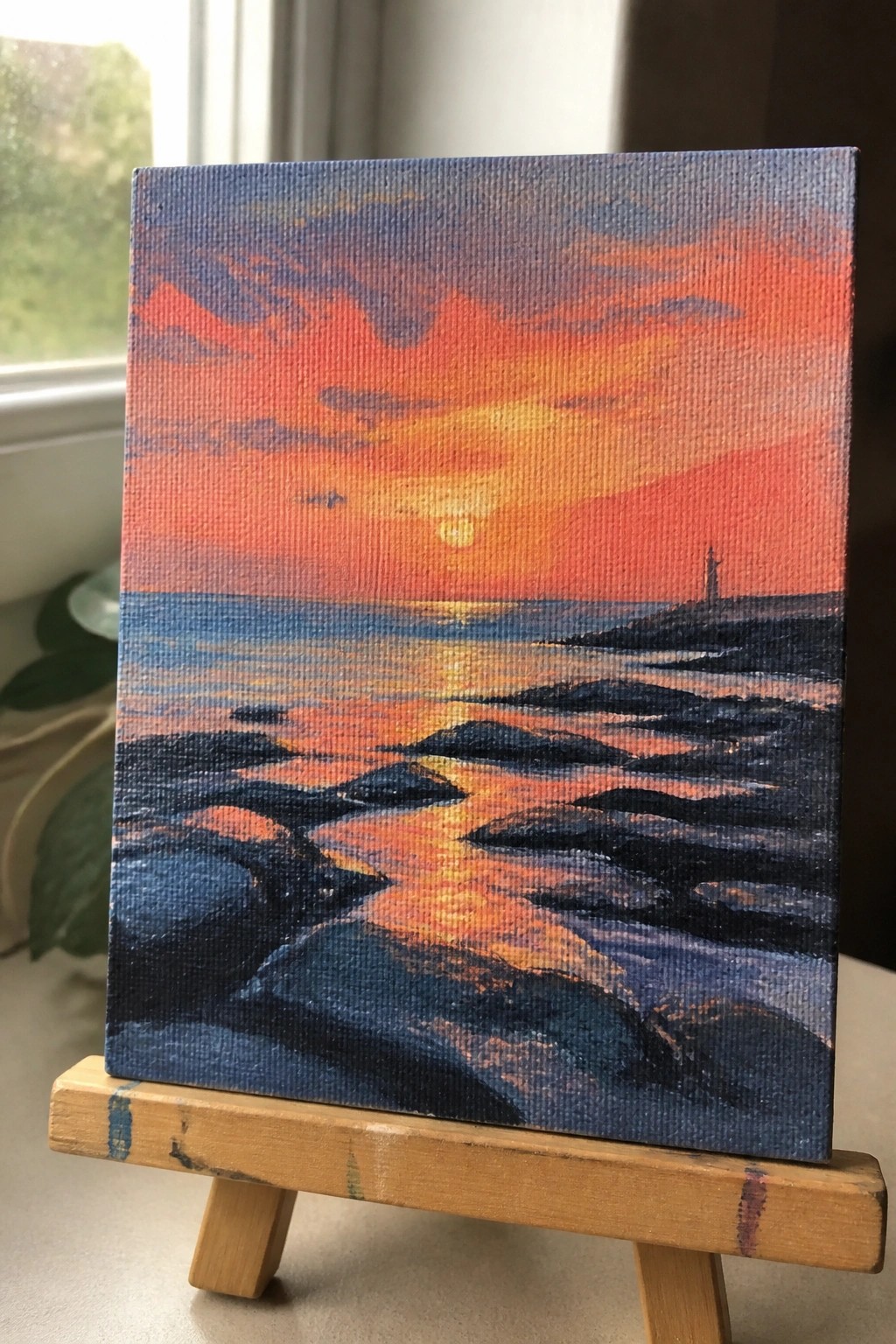 Colorful sunset seascape painting with orange sky, sunlit rocks, and lighthouse on wooden easel