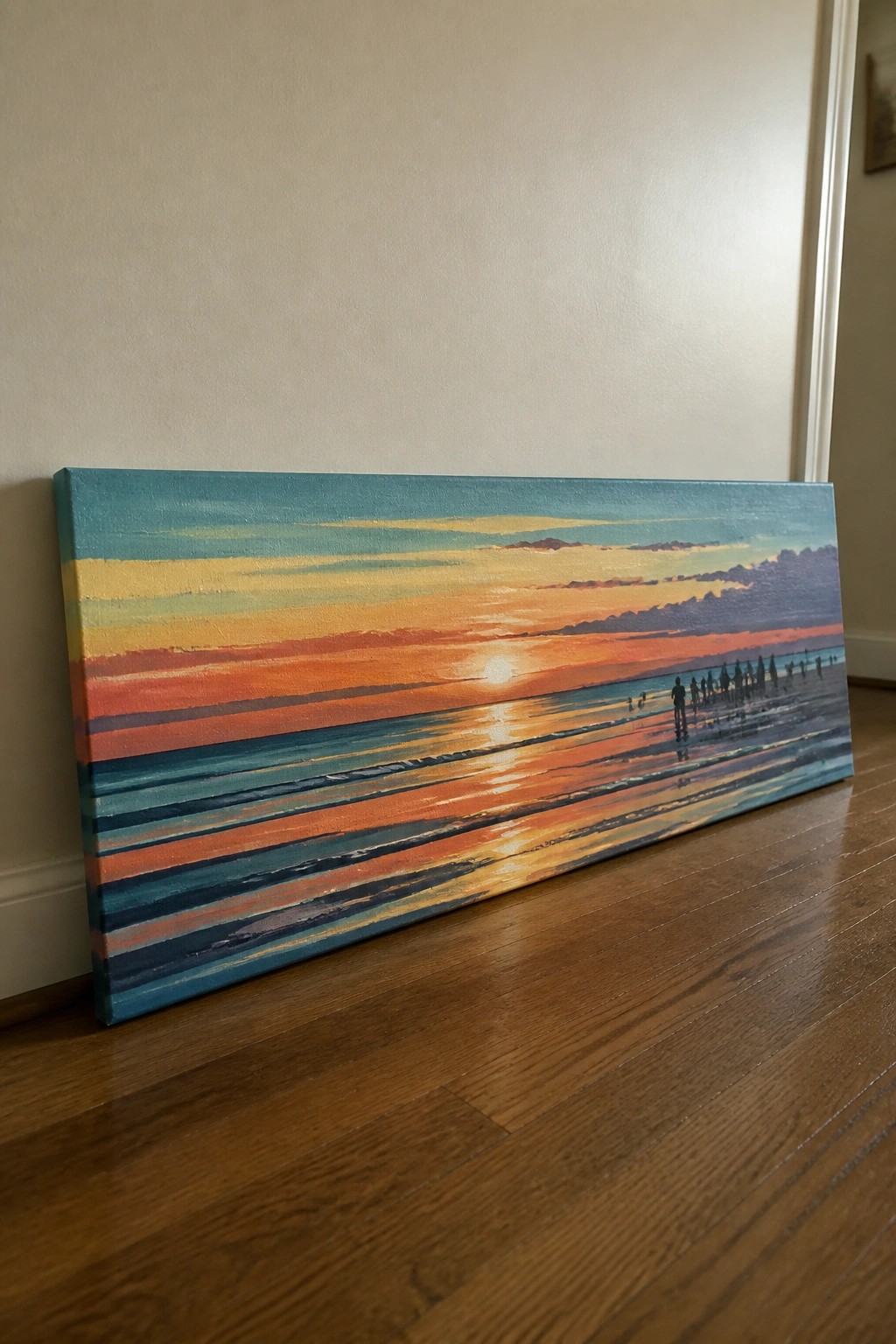 Colorful sunset painting with striped sky, ocean reflections, and beach silhouettes on floor.