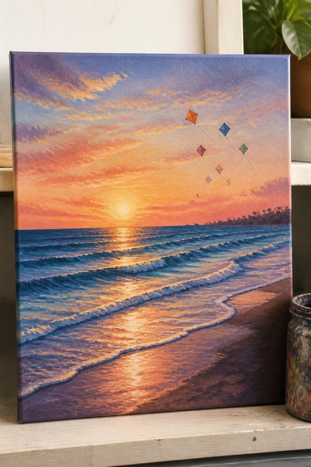 Sunset ocean painting with colorful kites flying over golden wave reflections on beach.