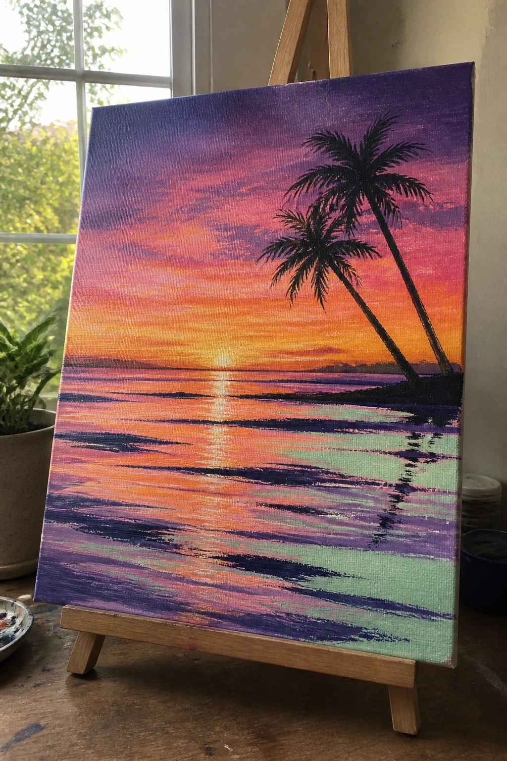 Vibrant sunset painting with silhouetted palm trees over colorful ocean on easel.
