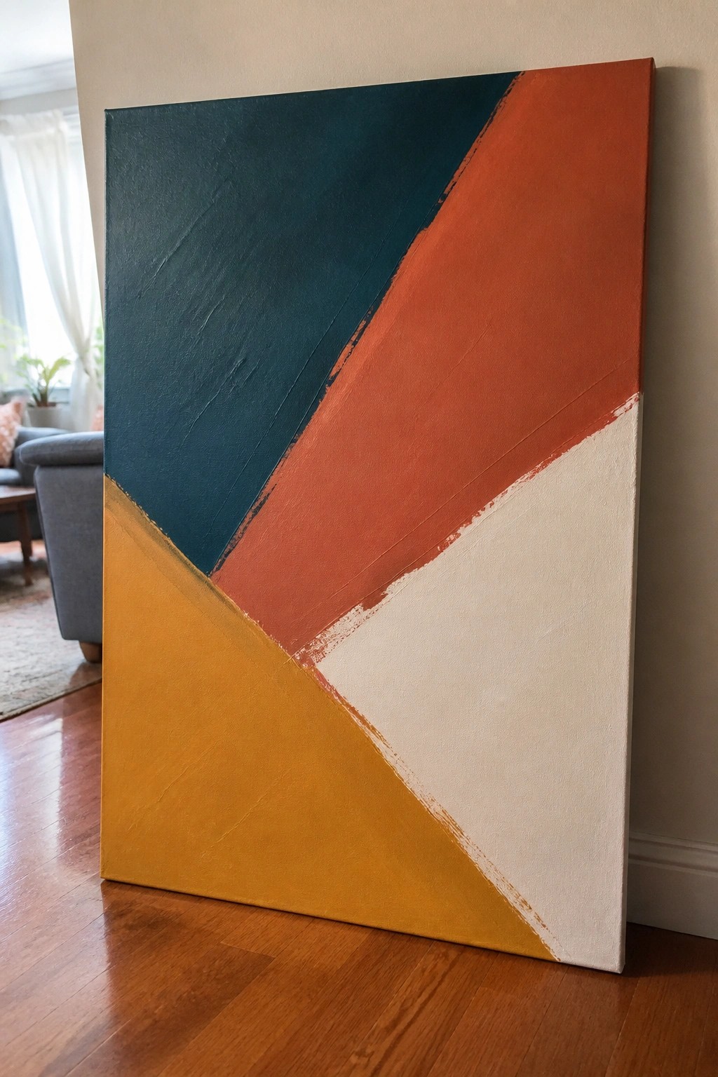Abstract canvas with teal, orange, yellow, and white geometric diagonal sections leaning on floor