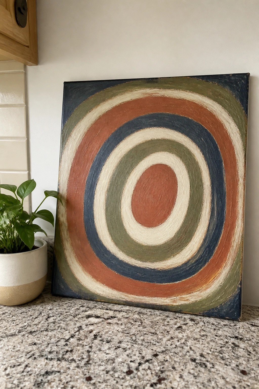 Abstract painting with concentric circles in blue green rust and cream beside potted plant on counter