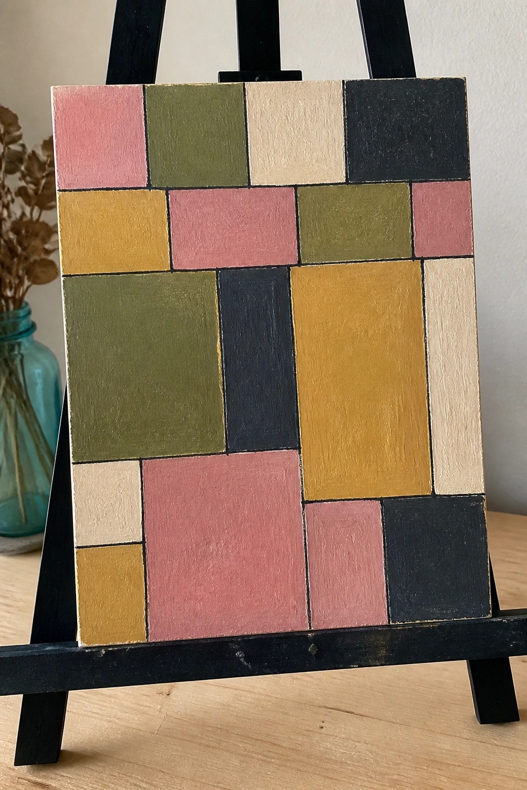 Colorful geometric abstract painting with pink, green, yellow rectangles on black easel