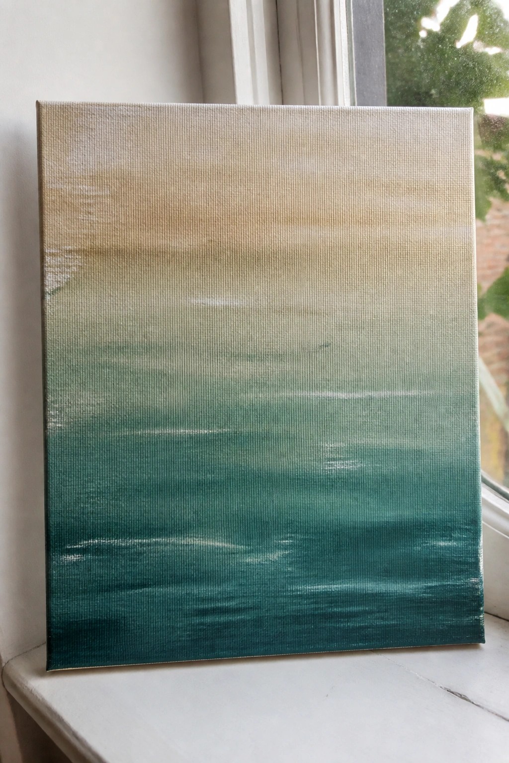 Abstract gradient canvas blending beige to dark teal on white windowsill by window.