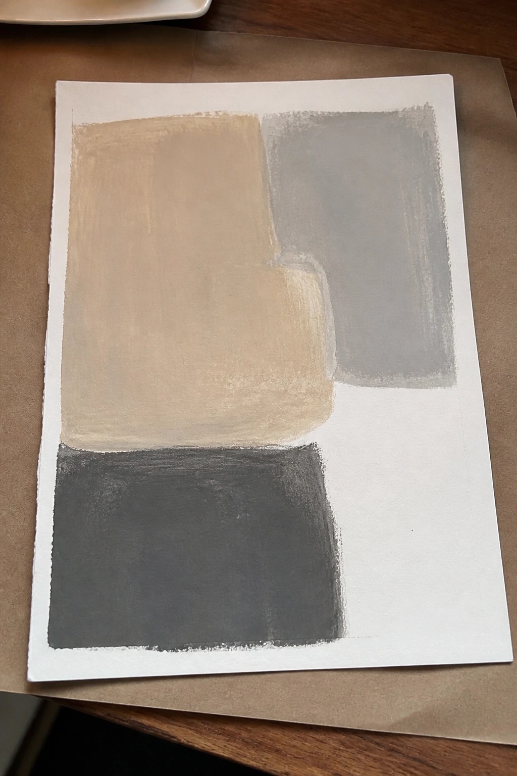 Abstract painting with beige, gray, and black rectangular shapes on white paper.