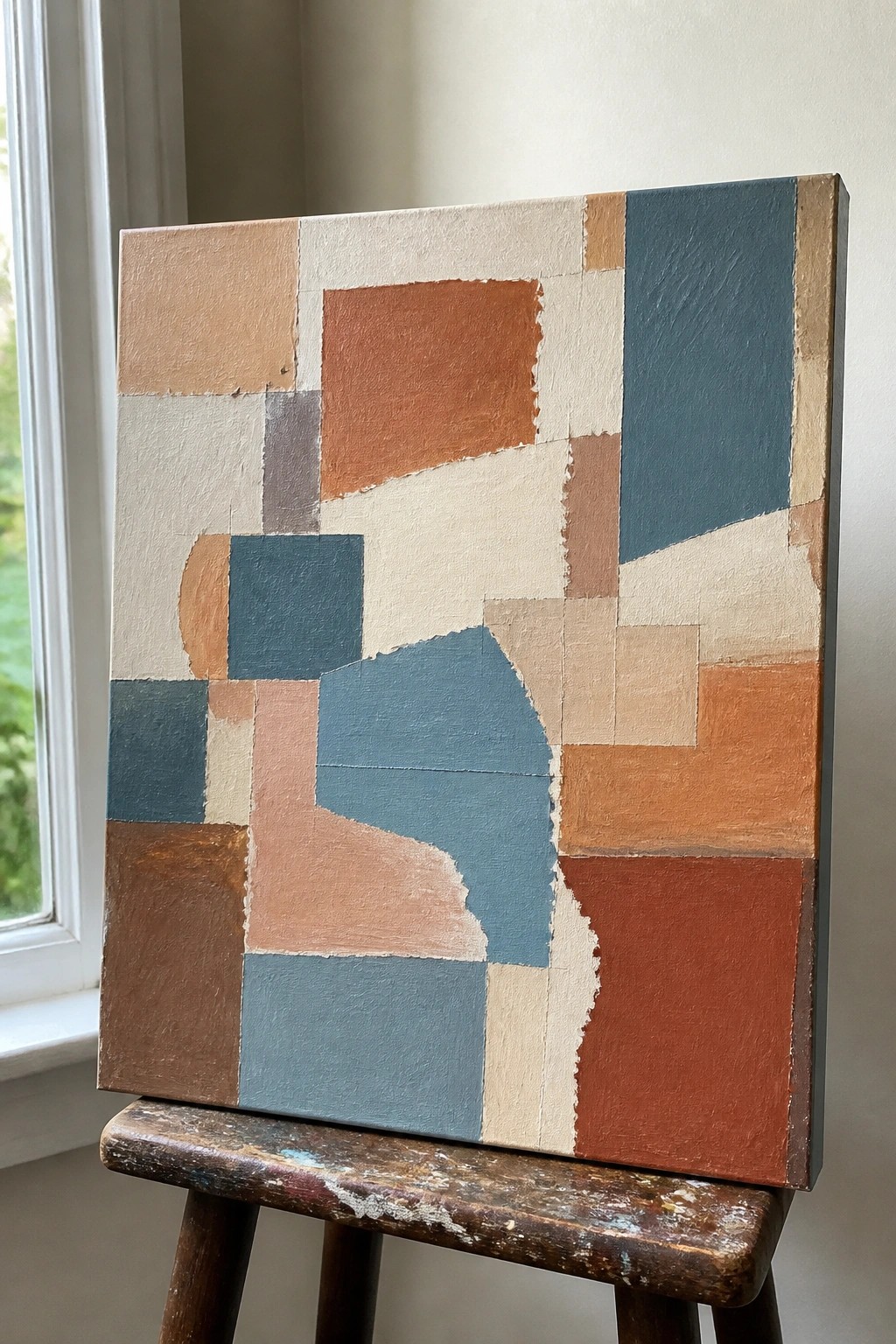 Abstract geometric painting in earthy teal, terracotta, and beige tones on wooden easel by window.