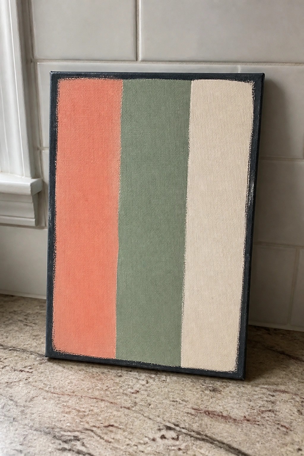 Rectangular canvas with coral, sage green, and cream vertical stripes against tiled wall
