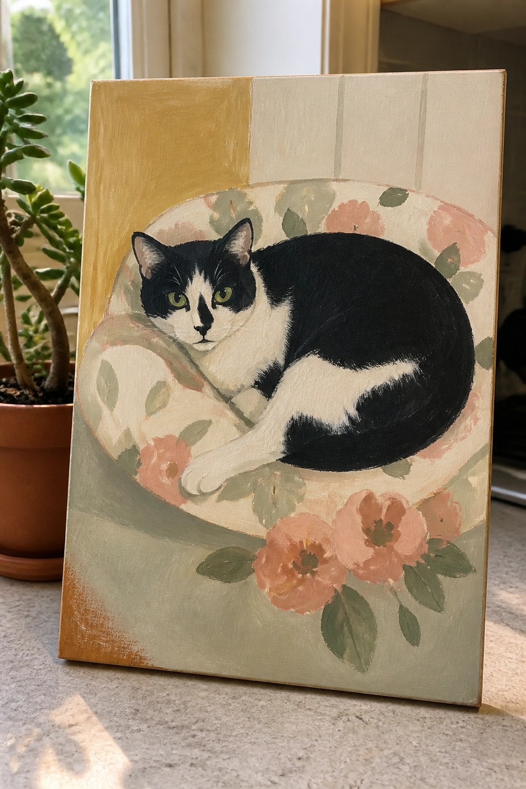 Black and white cat curled on round floral cushion in acrylic painting