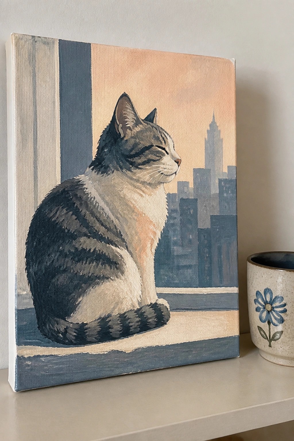 Gray tabby cat on windowsill overlooks city skyline beside floral ceramic cup