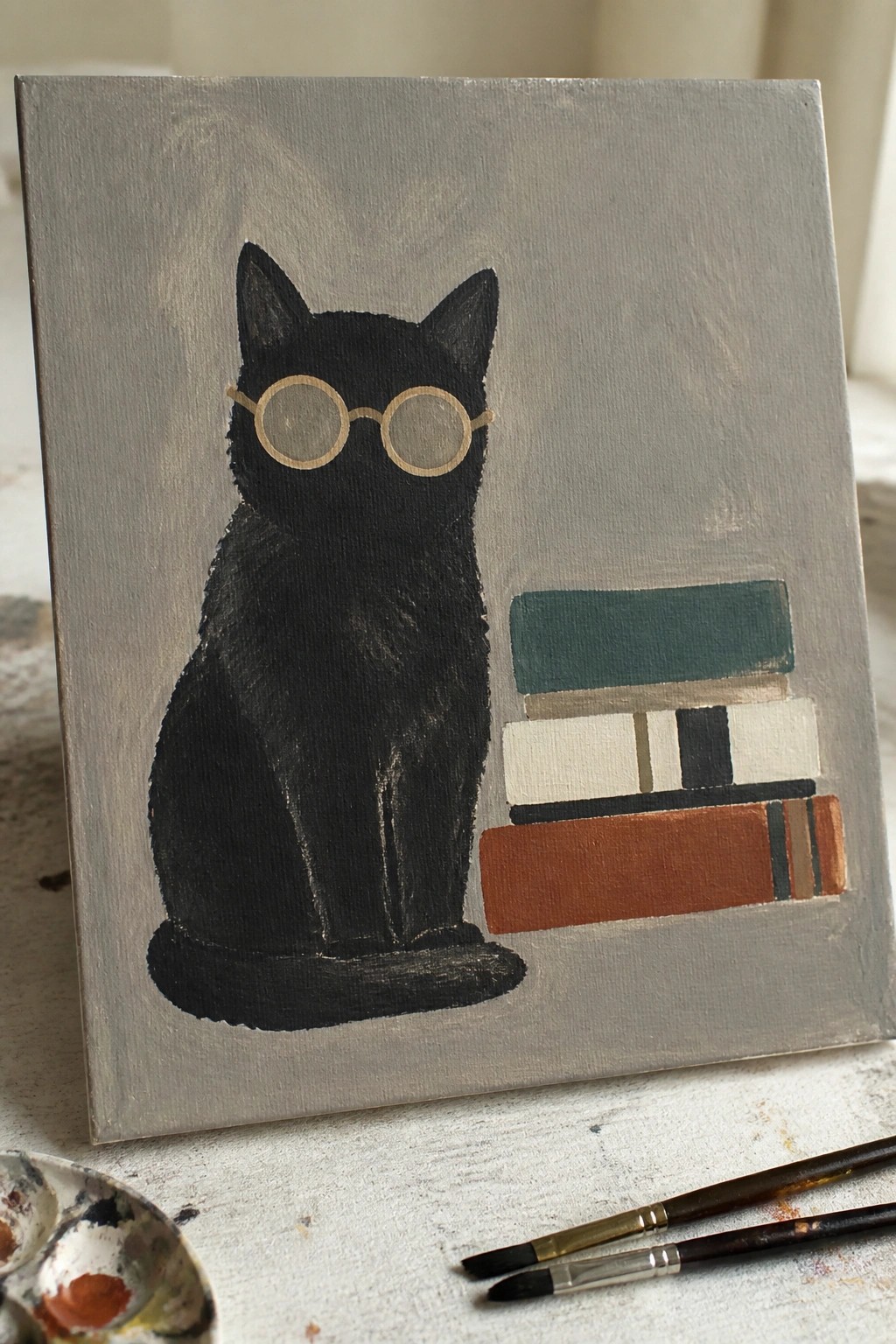 Black cat with round glasses beside stacked books on gray canvas with paintbrushes nearby