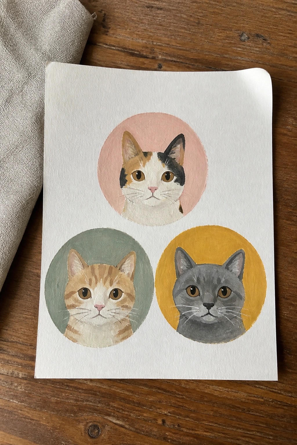 Three watercolor cats in pink, green, and yellow circles on white paper.