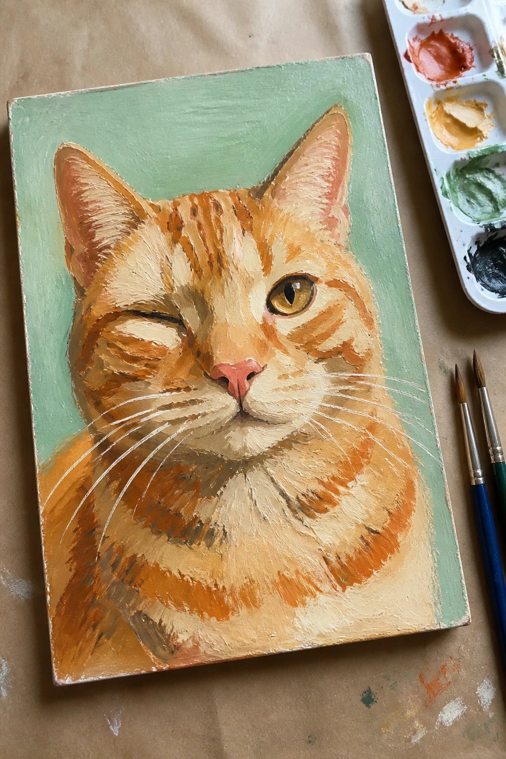 Winking orange tabby cat painting on green canvas beside palette and brushes