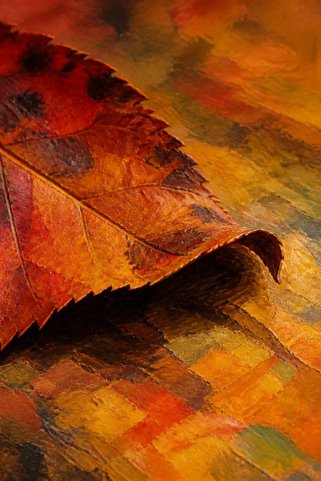 Curled red-orange autumn leaf with dark spots on textured colorful canvas