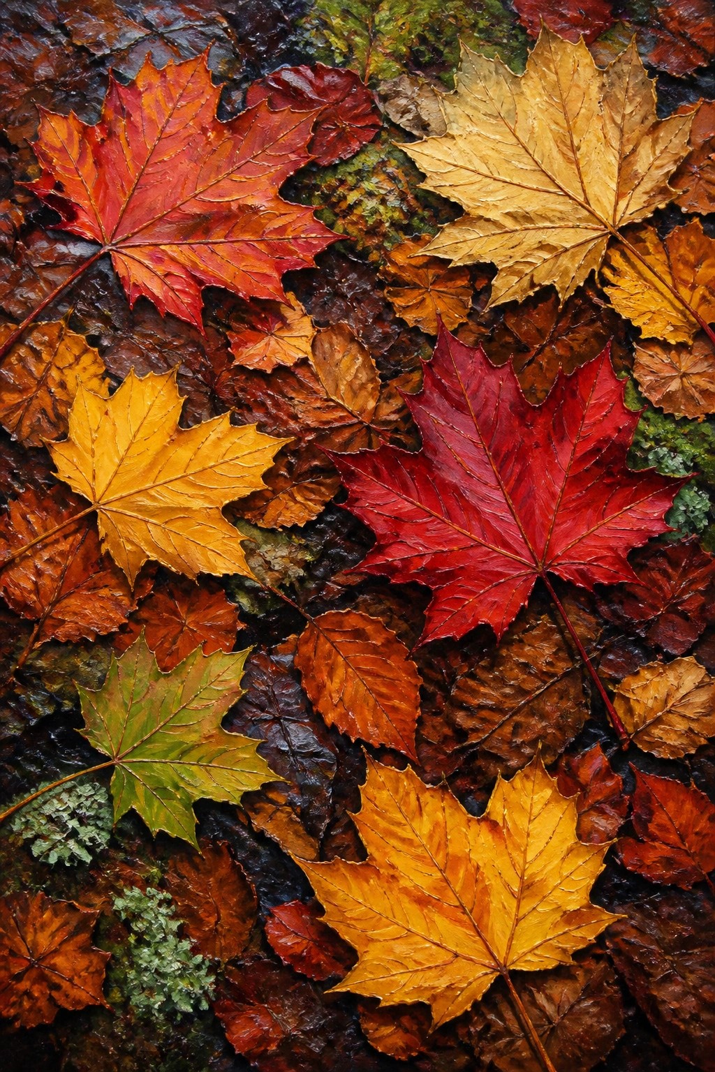 Vibrant wet maple leaves in red, orange, and yellow on mossy ground
