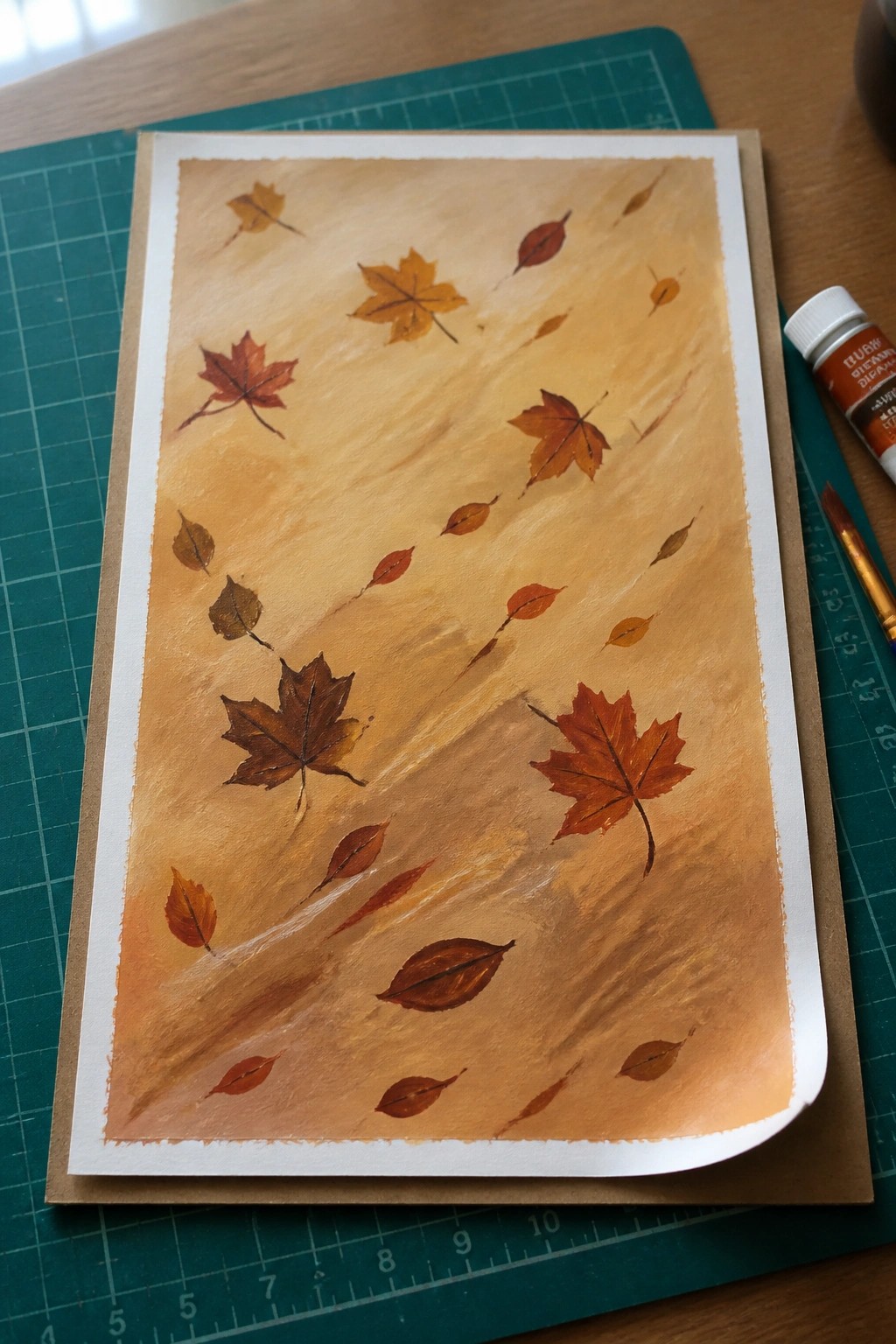 Autumn maple leaves in warm tones scattered on textured orange background beside paint supplies.
