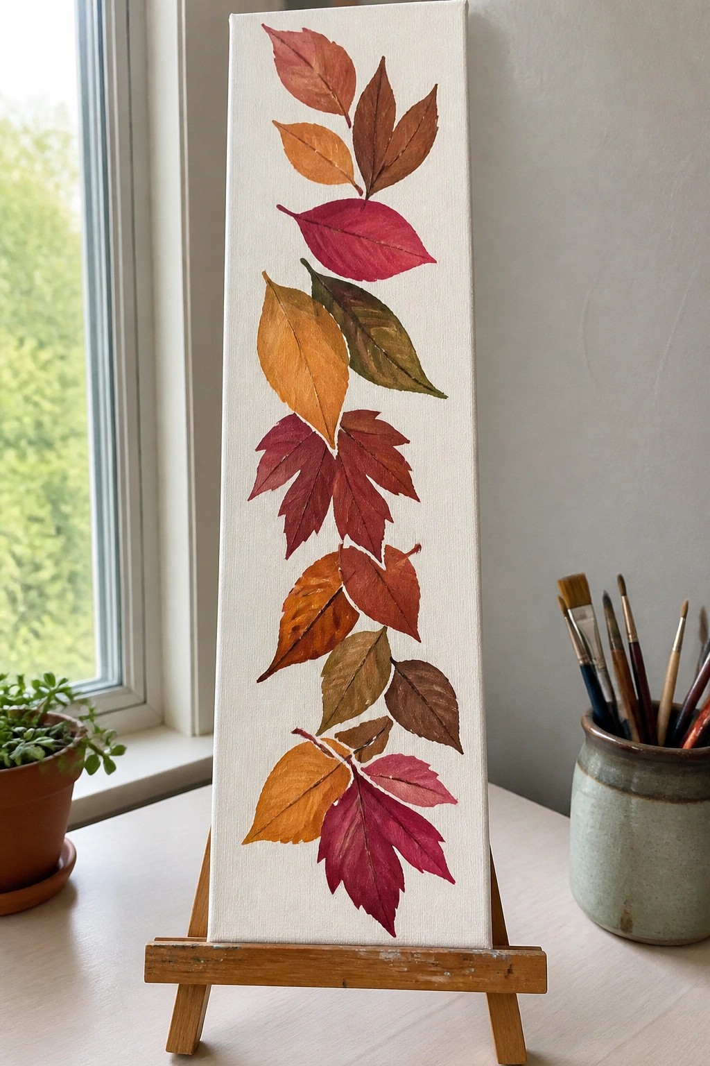 A tall white canvas on a wooden easel displays a vertical arrangement of painted autumn leaves in shades of red, orange, yellow, and brown, with paintbrushes in a jar nearby.