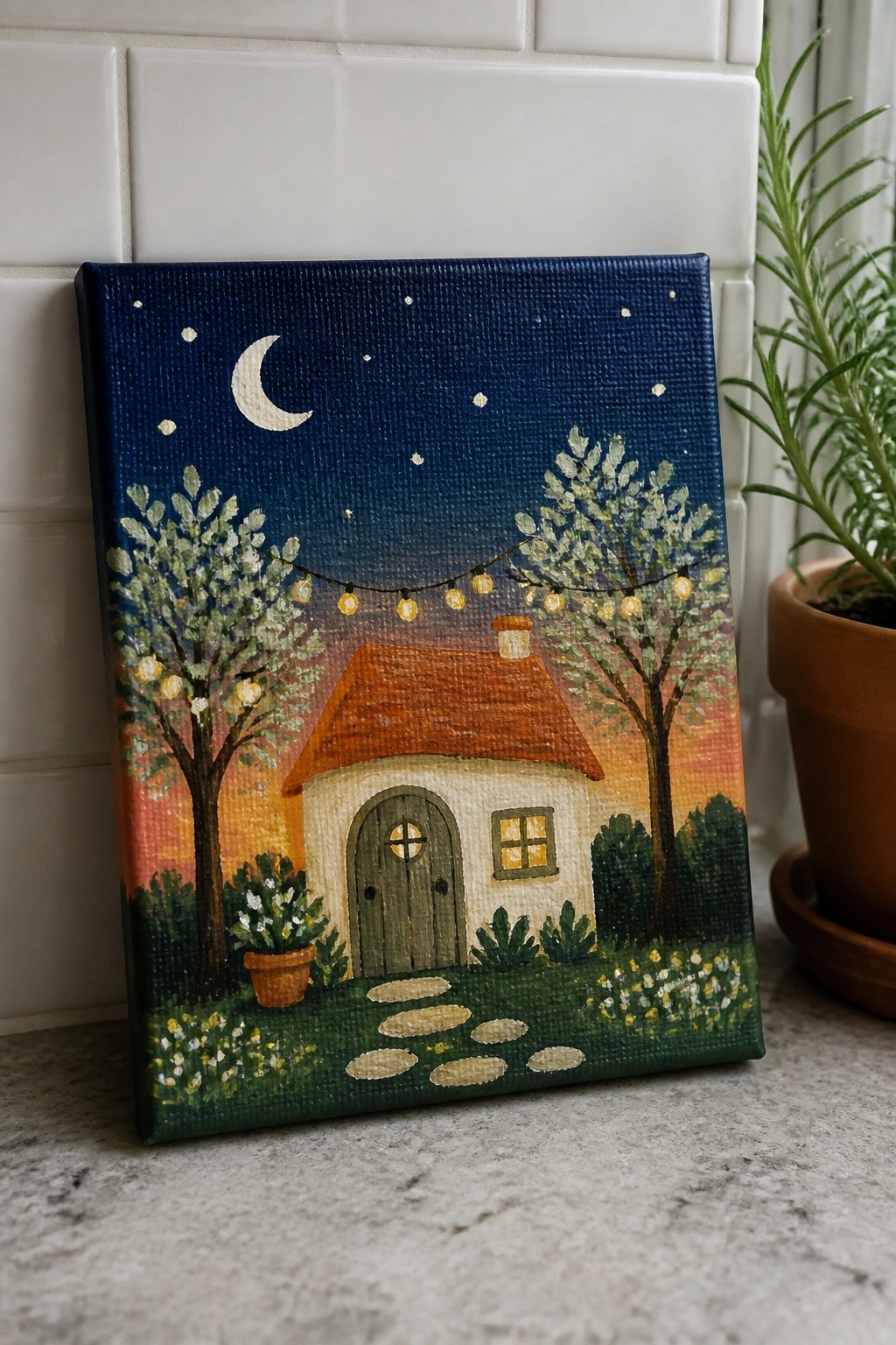 Whimsical cottage painting with red roof, string lights, crescent moon, and starry sky.