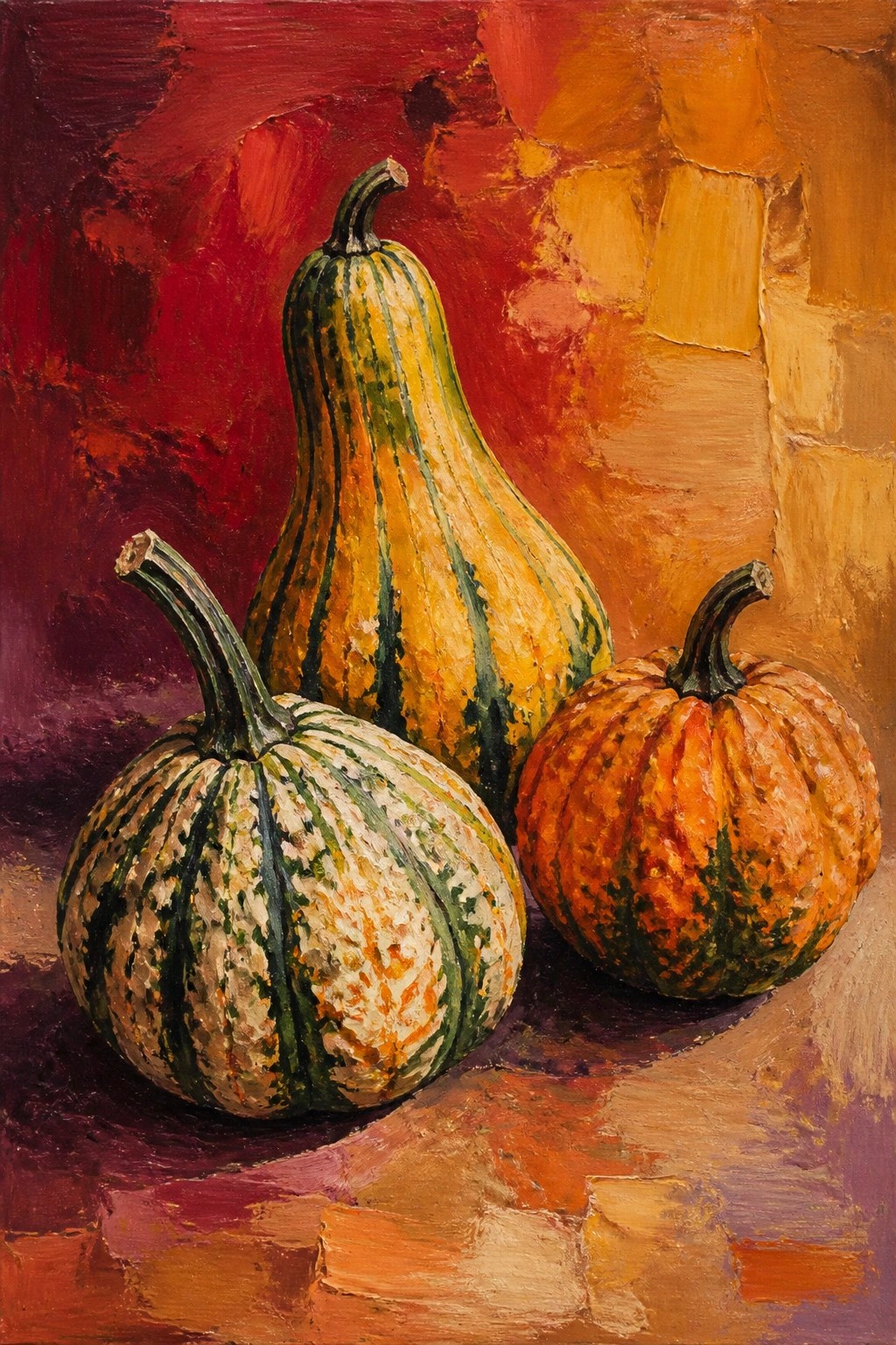 Three striped gourds in thick impasto oil paint against vibrant red-orange backdrop