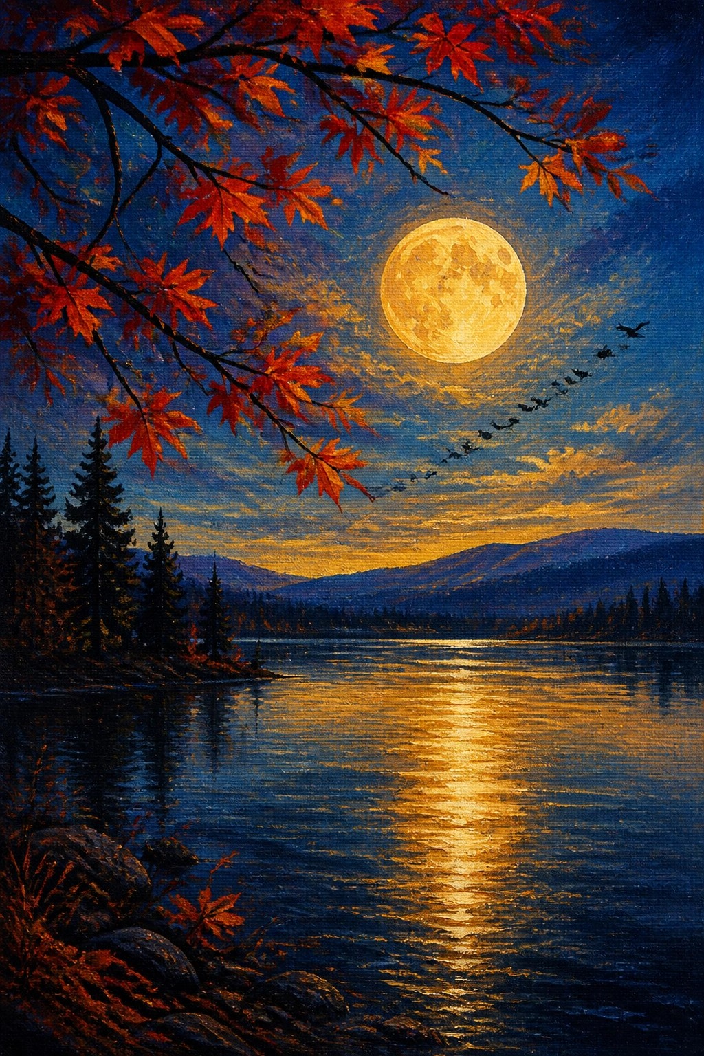 Full moon over autumn lake with red leaves, mountains, and flock of birds at night