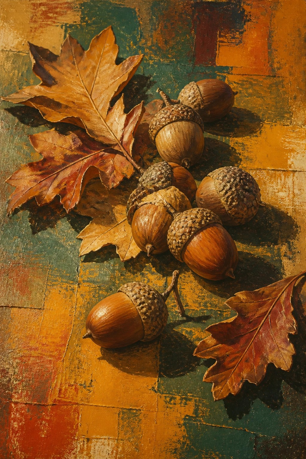 Acorns and autumn oak leaves on a vibrant textured abstract surface.