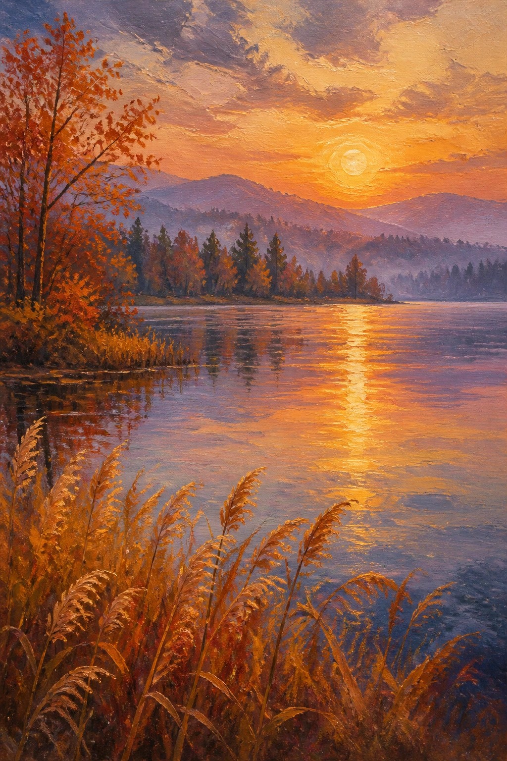 Golden sunset reflecting on serene lake with autumn trees and misty mountains