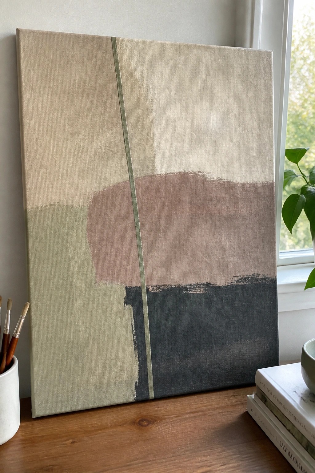 Abstract canvas with muted beige, pink, green, and gray tones plus vertical stripe on wooden surface.