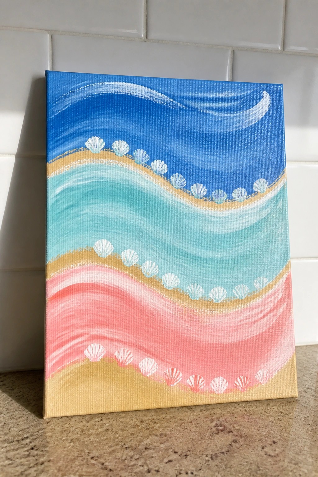 Abstract painting of wavy blue turquoise pink layers with seashells on sandy lines