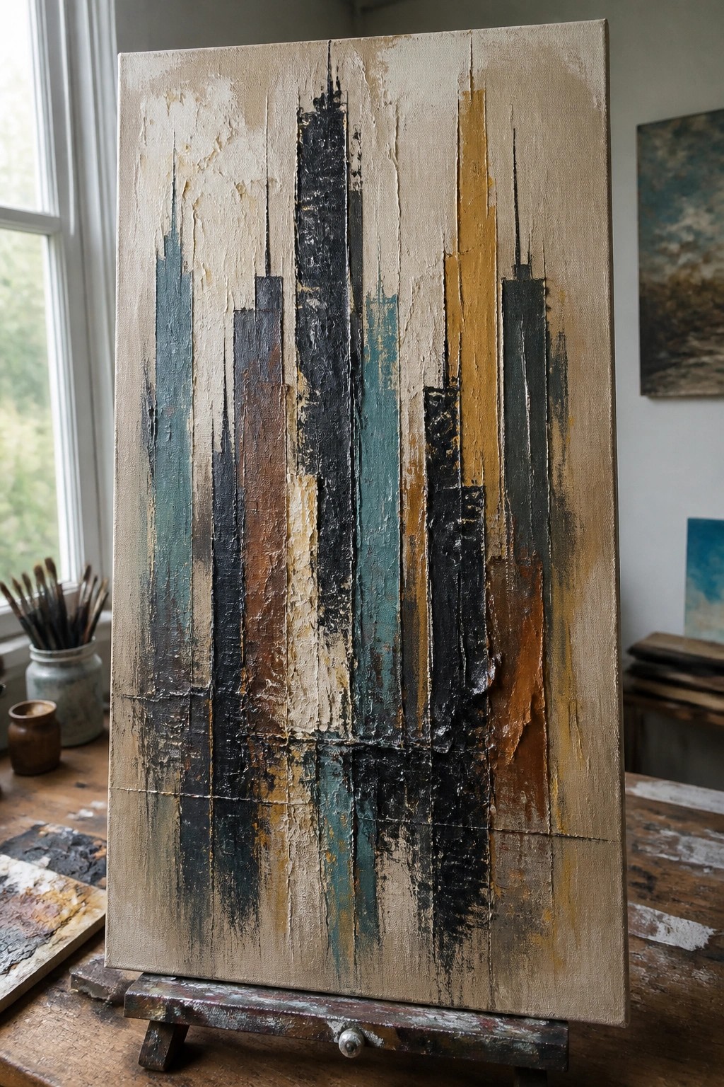 Abstract painting with vertical black teal brown streaks on beige canvas in studio