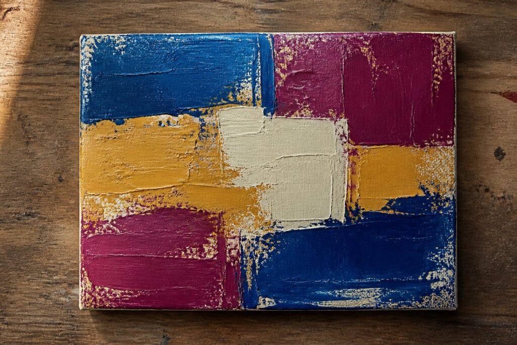 Abstract painting with blue, yellow, magenta, red, and white geometric blocks on wood