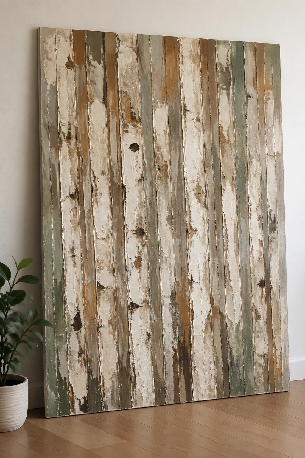 Large abstract painting with vertical distressed stripes in earthy tones beside potted plant
