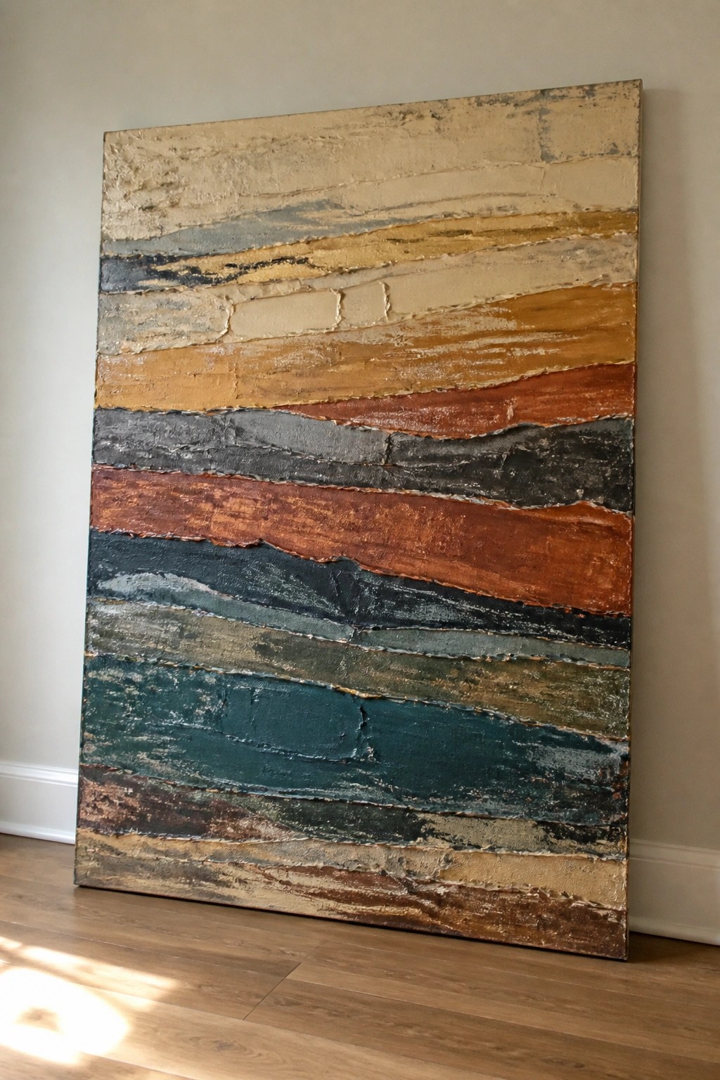 Abstract painting with thick horizontal layers of textured beige, orange, teal, and brown paint.