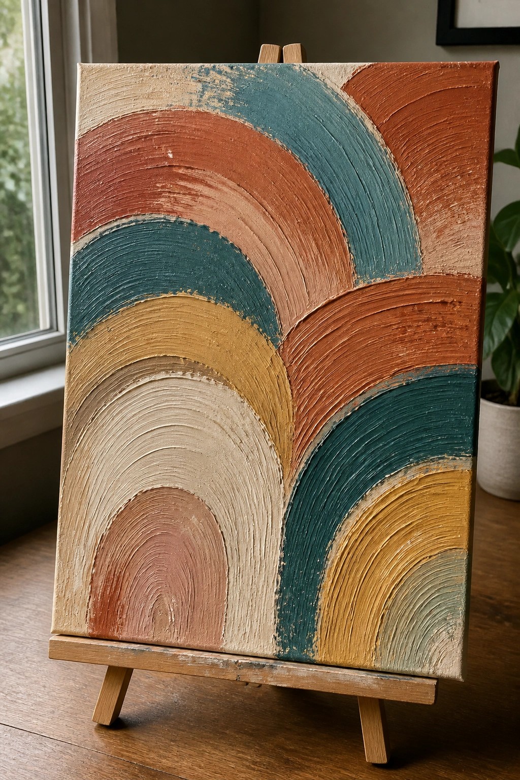 Abstract painting with thick textured arcs in terracotta, teal, and gold on easel.
