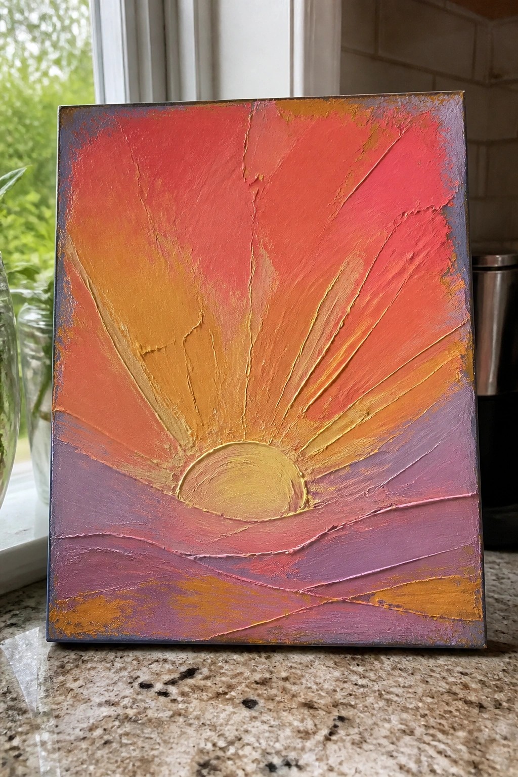 Thickly textured abstract sunset painting with yellow sun and vibrant radiating rays