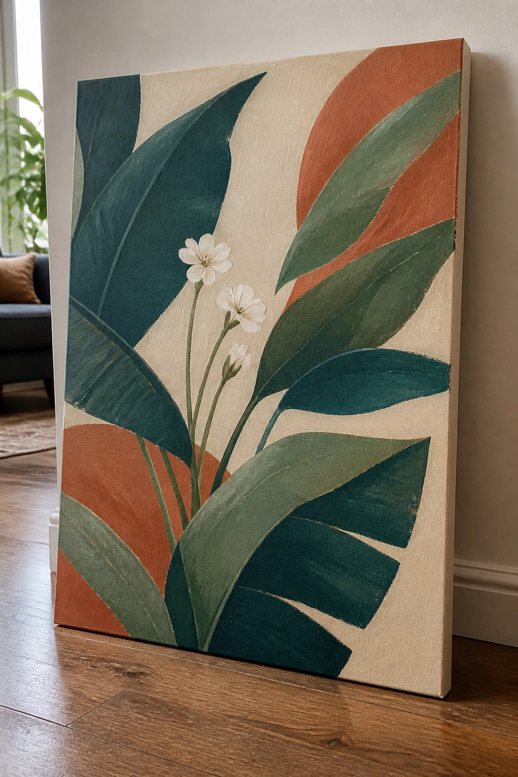 Abstract painting of teal leaves, orange shapes, and white flowers on beige canvas