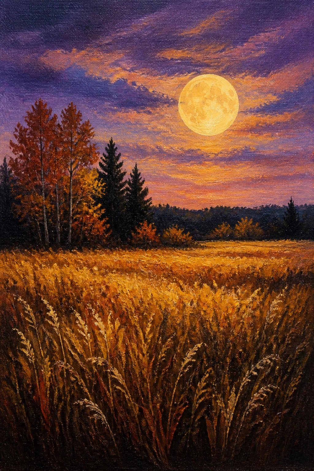 Large full moon over golden autumn field with colorful trees at dusk