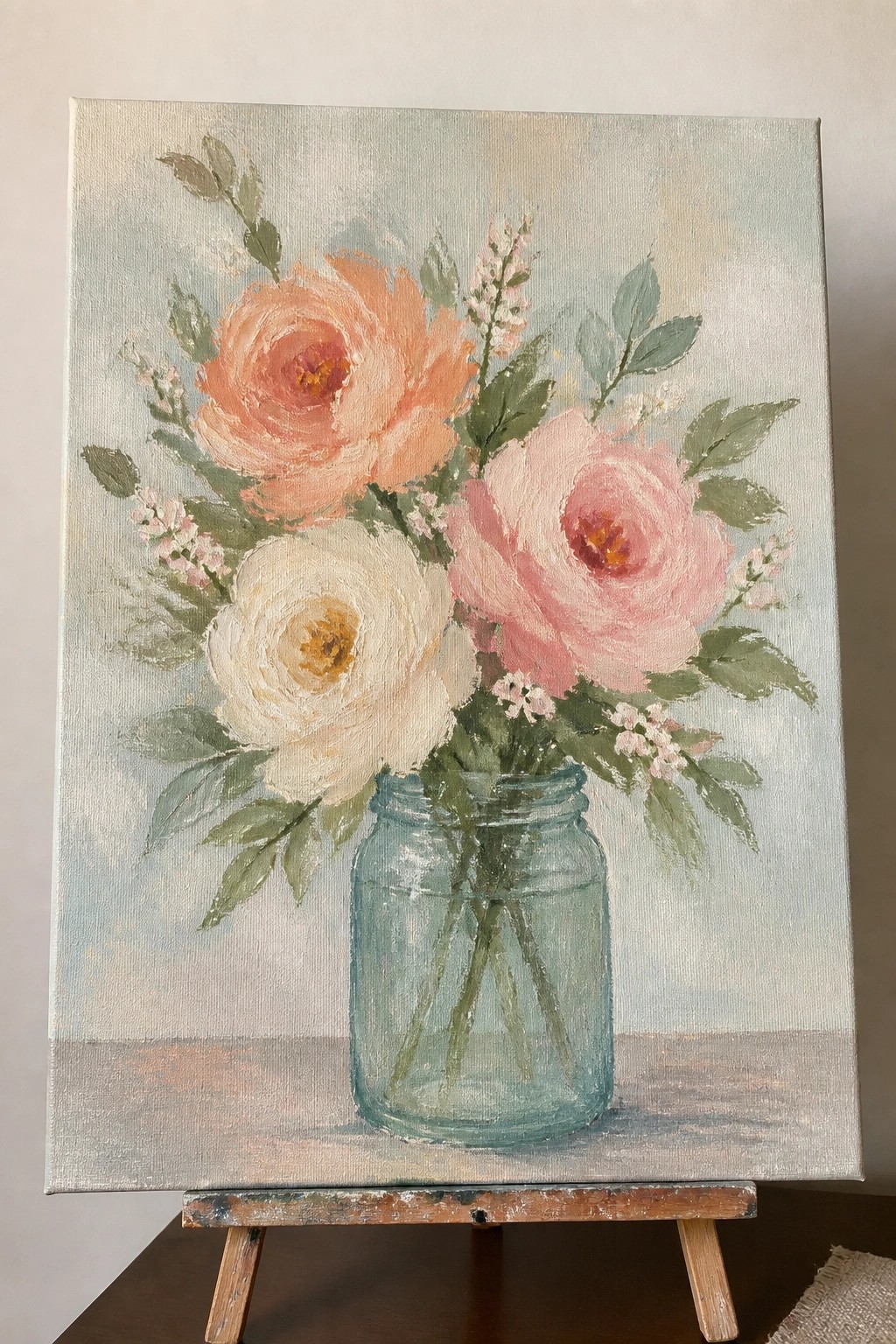 Oil painting of peach, pink, and white roses in a blue glass jar