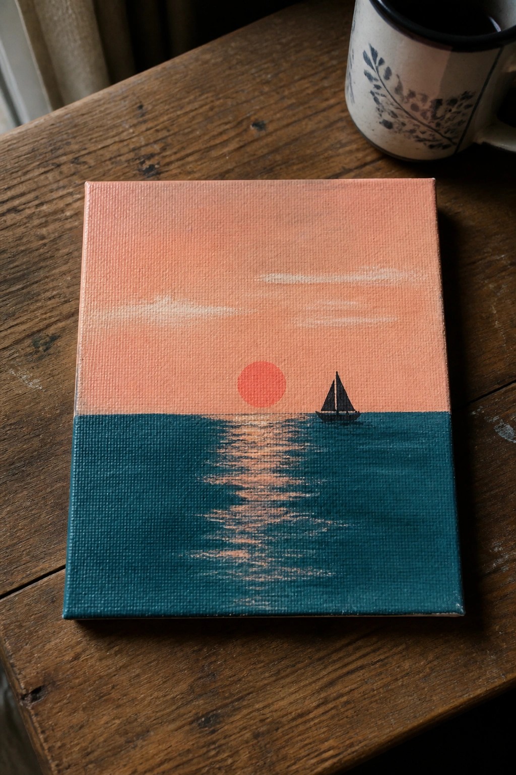 Small canvas sunset painting with red sun, sailboat on teal water atop wooden table.